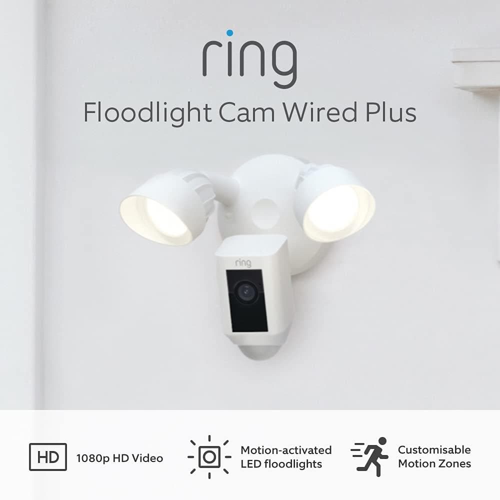 Buy Ring,Ring Floodlight Cam Wired Plus, 1080p HD Video, motion-activated LED floodlights, built-in siren, hardwired installation, White - Gadcet.com | UK | London | Scotland | Wales| Ireland | Near Me | Cheap | Pay In 3 | Security Monitors & Recorders